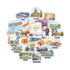 A circular collage of die-cut travel stickers featuring landmarks, food, people in traditional dress, and labels, centered around the word OSLO with a Norwegian flag.