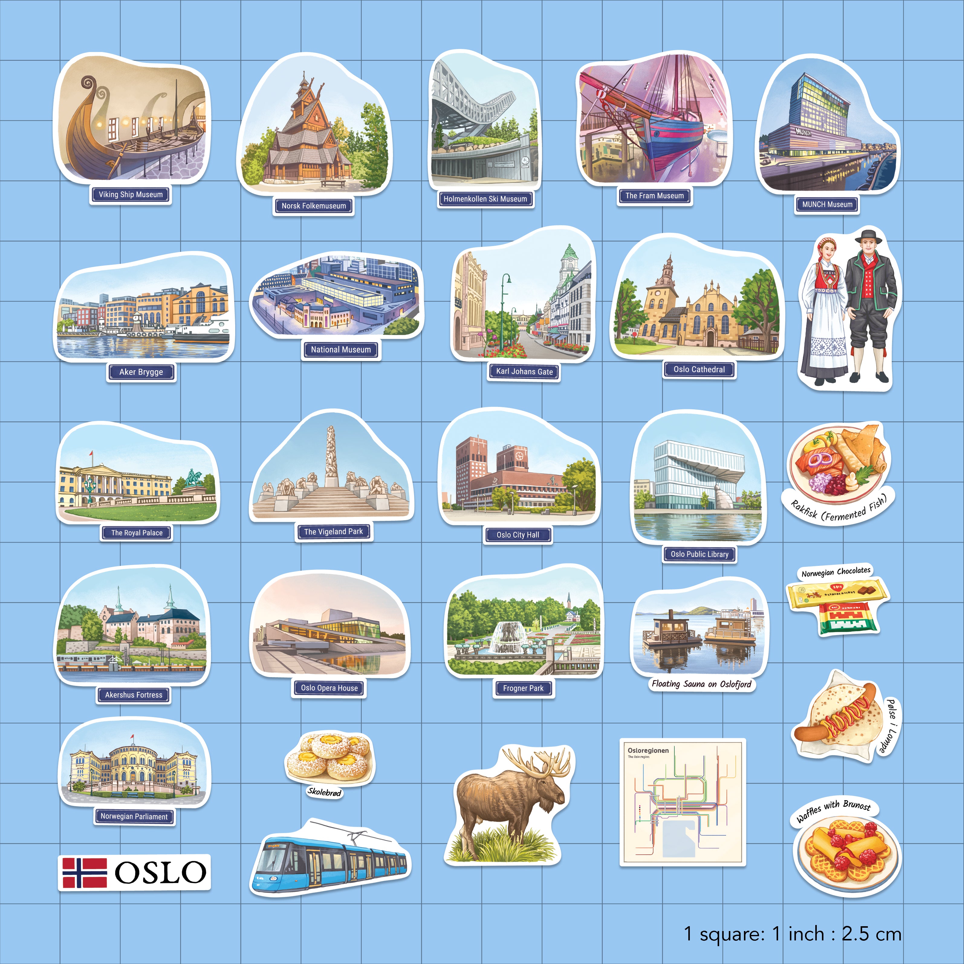 A sheet of Oslo-themed die-cut stickers arranged on a light blue grid background, with small labels identifying each illustration such as landmarks, food, transport, and the Oslo flag. The bottom right includes a size note: 1 square 1 inch: 2.