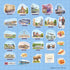 A sheet of Oslo-themed die-cut stickers arranged on a light blue grid background, with small labels identifying each illustration such as landmarks, food, transport, and the Oslo flag. The bottom right includes a size note: 1 square 1 inch: 2.