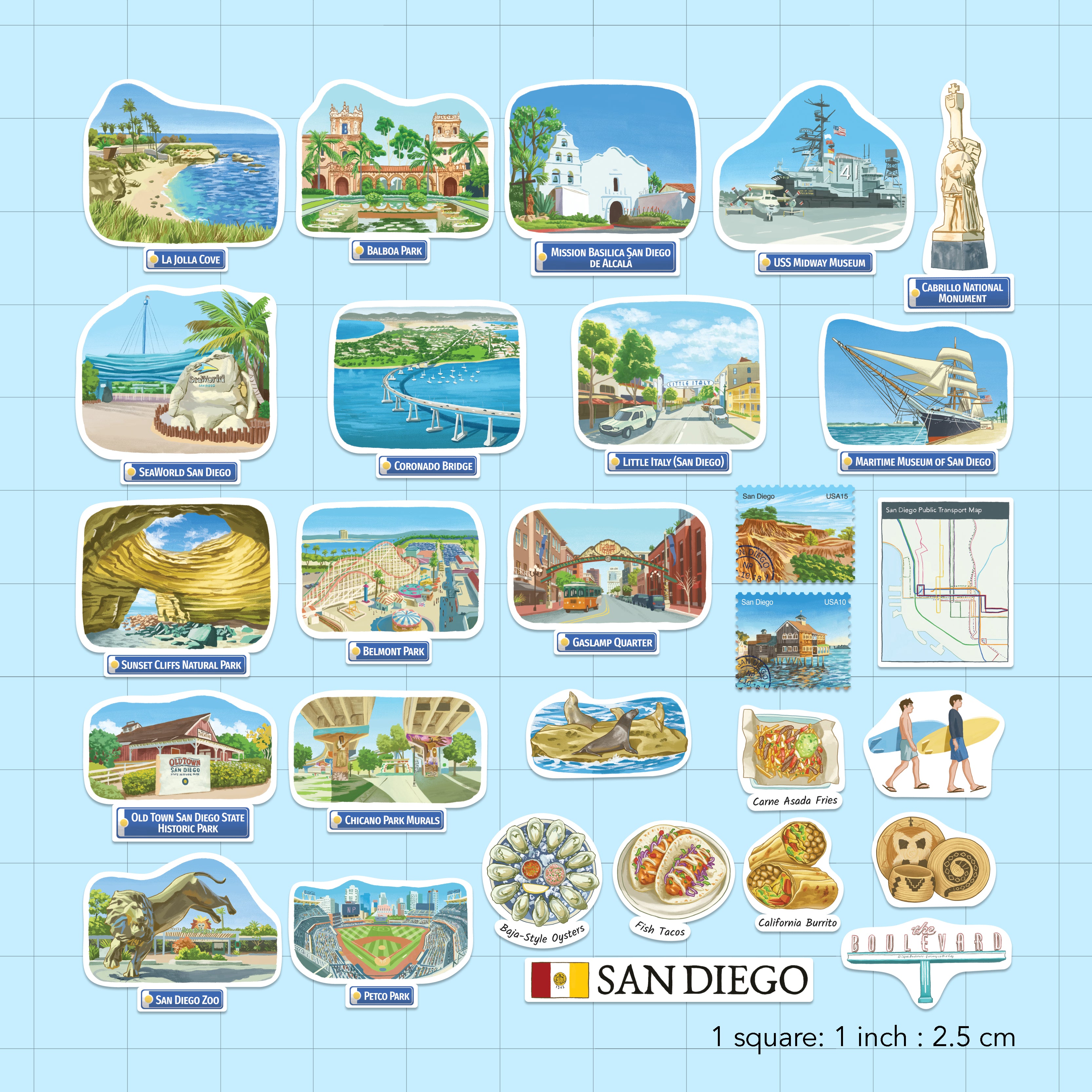Sunny San Diego Travel Stickers (28pcs)