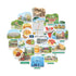 A circular collage of illustrated sticker-like tiles featuring Atlanta landmarks, food, transportation, and local scenes, with the word ATLANTA in the center and a large Varsity-style 'A' graphic behind it.