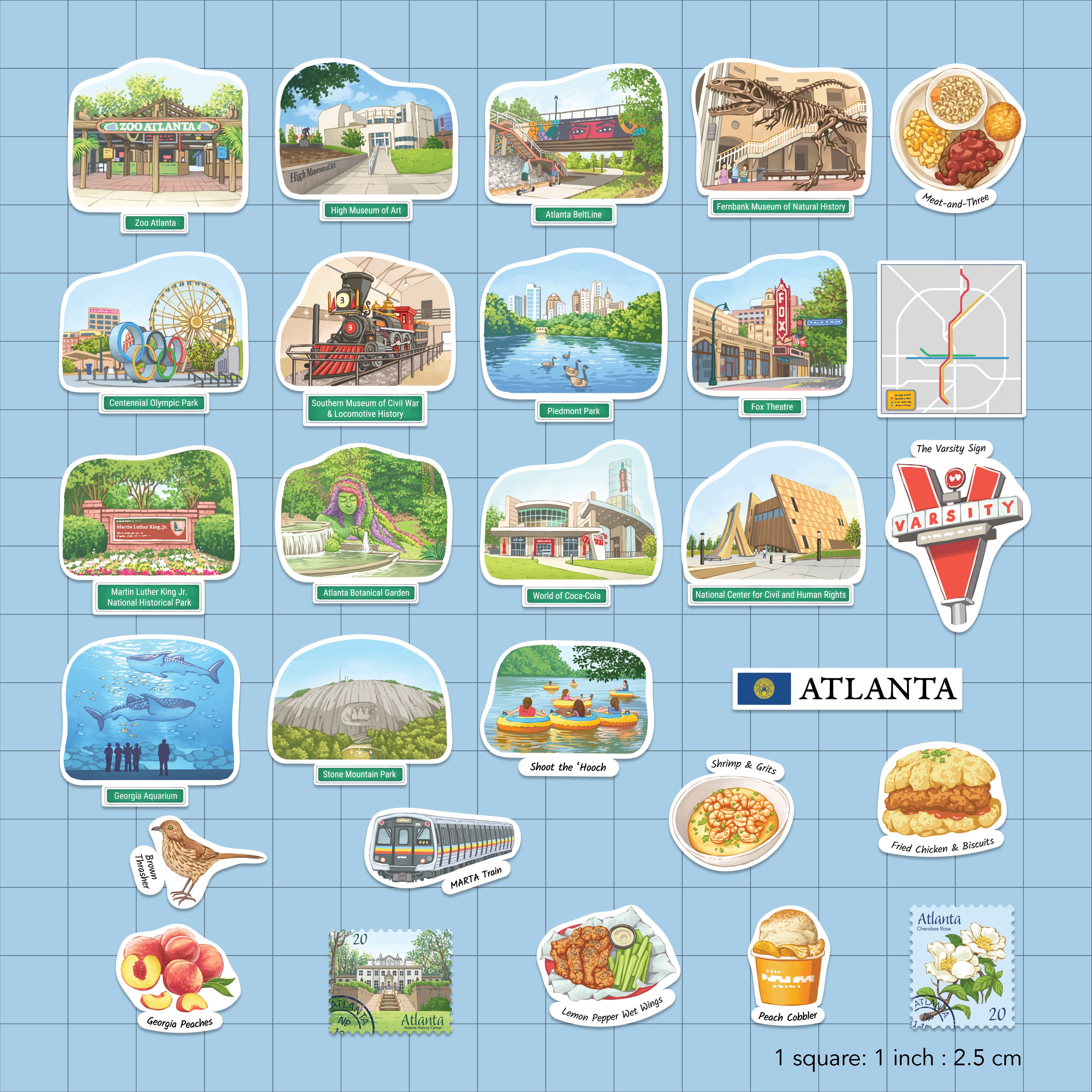 A sheet of die-cut stickers featuring various illustrated scenes and landmarks of Atlanta, Georgia, arranged on a light blue grid background. The stickers depict places like Centennial Olympic Park, the Zoo Atlanta, the World of Coca-Cola, the Varsity Sign, food items, and a postage stamp, each with a small label.