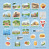 A sheet of die-cut stickers featuring various illustrated scenes and landmarks of Atlanta, Georgia, arranged on a light blue grid background. The stickers depict places like Centennial Olympic Park, the Zoo Atlanta, the World of Coca-Cola, the Varsity Sign, food items, and a postage stamp, each with a small label.