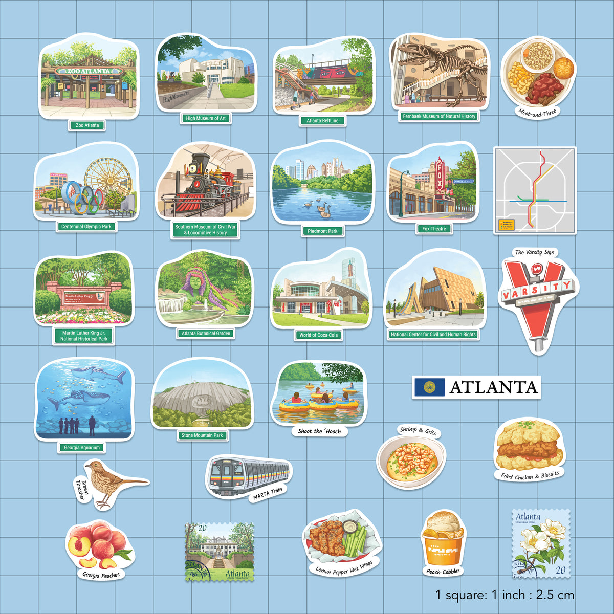 A sheet of die-cut stickers featuring various illustrated scenes and landmarks of Atlanta, Georgia, arranged on a light blue grid background. The stickers depict places like Centennial Olympic Park, the Zoo Atlanta, the World of Coca-Cola, the Varsity Sign, food items, and a postage stamp, each with a small label.