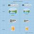 A sticker size comparison chart on a light blue grid background, comparing Atlanta-themed stickers in statement size and journal size. The chart shows four examples: a sticker with the text "ATLANTA", a Piedmont Park sticker labeled as such, a train sticker labeled MARTA Train, and an ice cream cone sticker labeled Peach Cobbler.