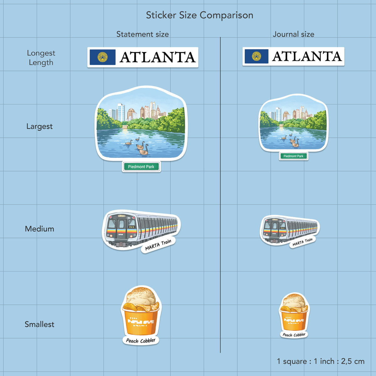 A sticker size comparison chart on a light blue grid background, comparing Atlanta-themed stickers in statement size and journal size. The chart shows four examples: a sticker with the text "ATLANTA", a Piedmont Park sticker labeled as such, a train sticker labeled MARTA Train, and an ice cream cone sticker labeled Peach Cobbler.