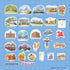 A sheet of multiple die-cut stickers featuring Dallas landmarks, street art, food, transportation, and local imagery on a light blue grid background. Visible text includes 'DALLAS' and 'Bishop Arts District'.