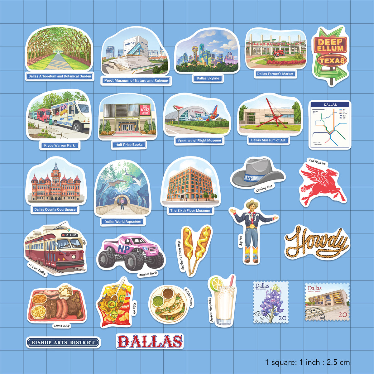 A sheet of multiple die-cut stickers featuring Dallas landmarks, street art, food, transportation, and local imagery on a light blue grid background. Visible text includes 'DALLAS' and 'Bishop Arts District'.