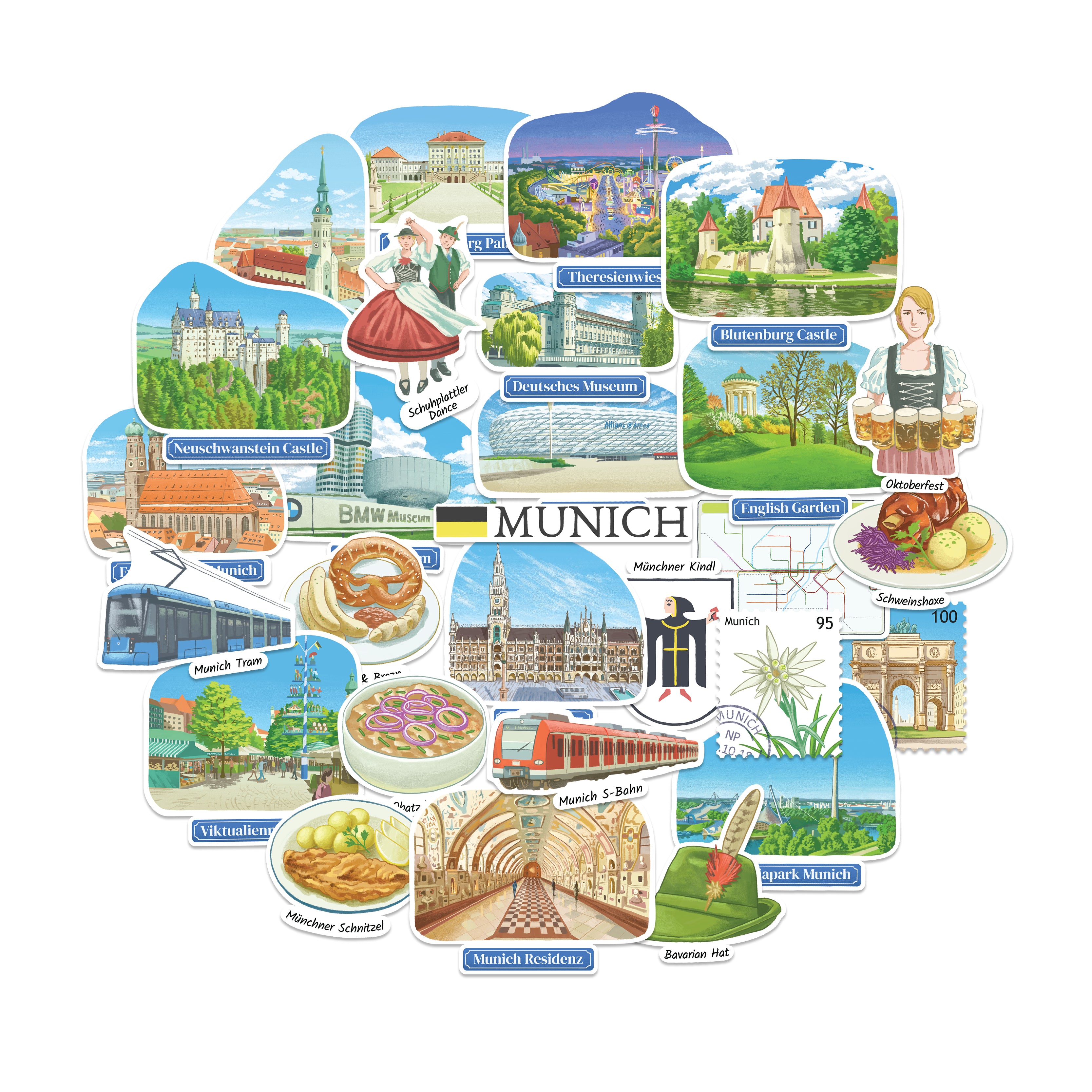 Munich travel stickers in a circle: Neuschwanstein Castle, Frauenkirche, pretzel, S-Bahn and Oktoberfest server