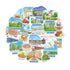 Munich travel stickers in a circle: Neuschwanstein Castle, Frauenkirche, pretzel, S-Bahn and Oktoberfest server