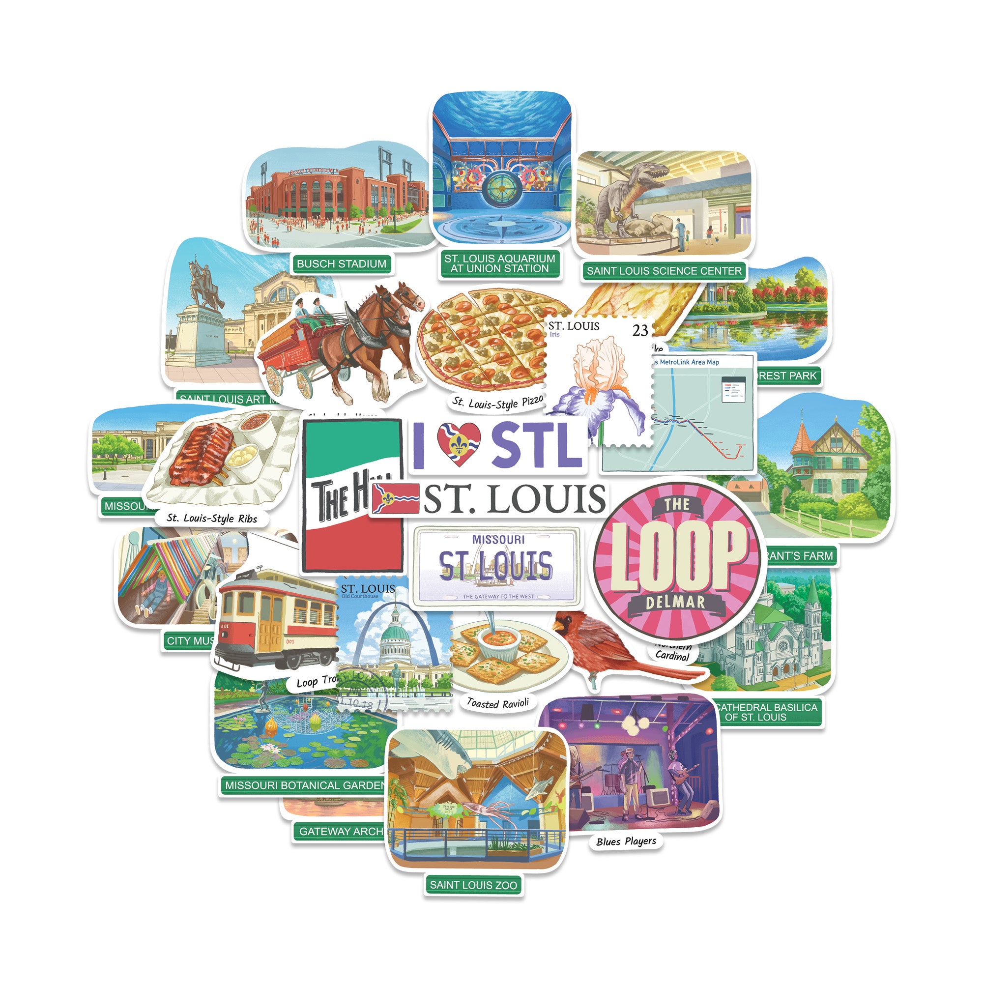 Overlapping fan of St. Louis stickers: the Gateway Arch, Busch Stadium, Clydesdale horses, THE LOOP and I heart STL.