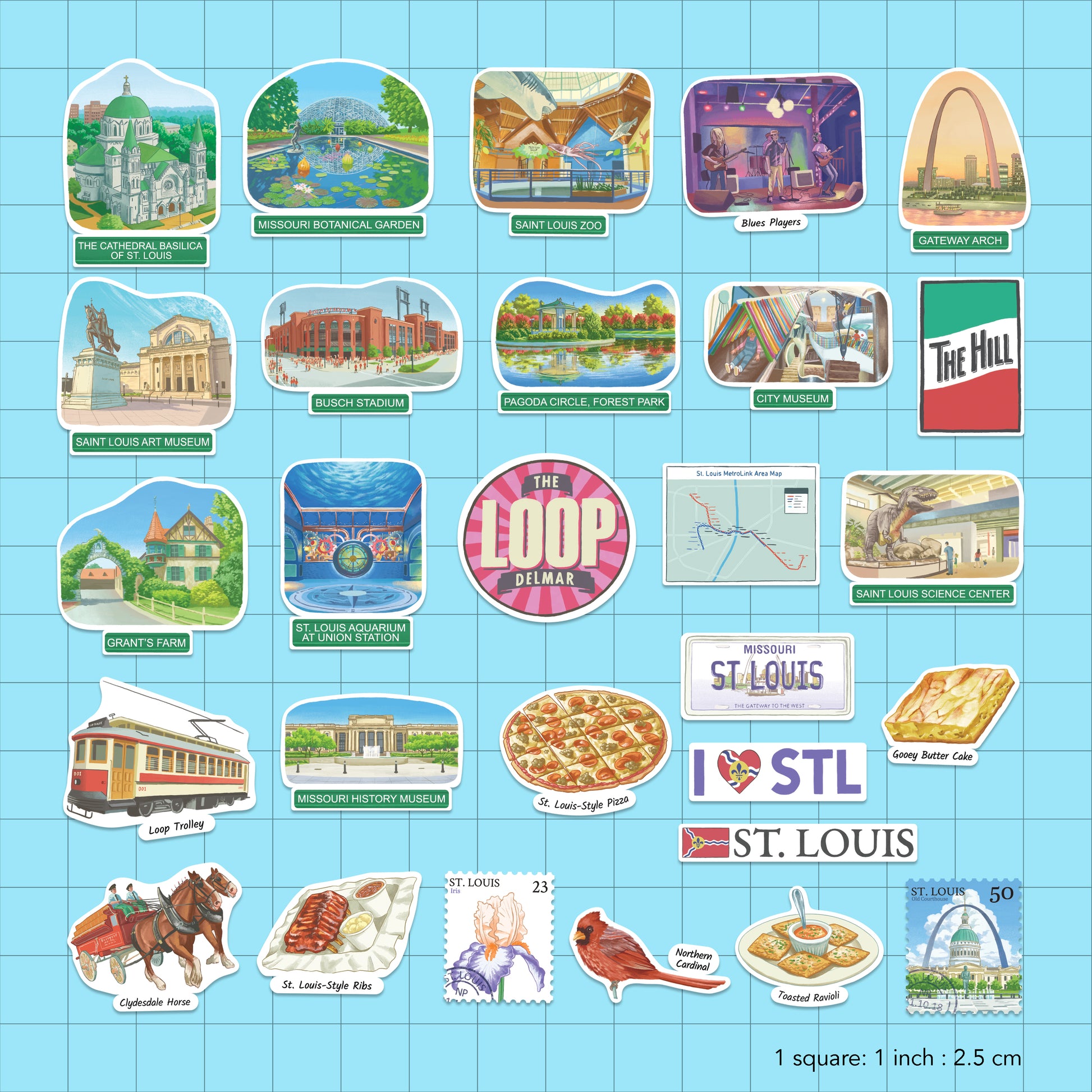 Uncut St. Louis sticker sheet on blue grid backing, one inch per square, labelled Gateway Arch, City Museum and The Hill.