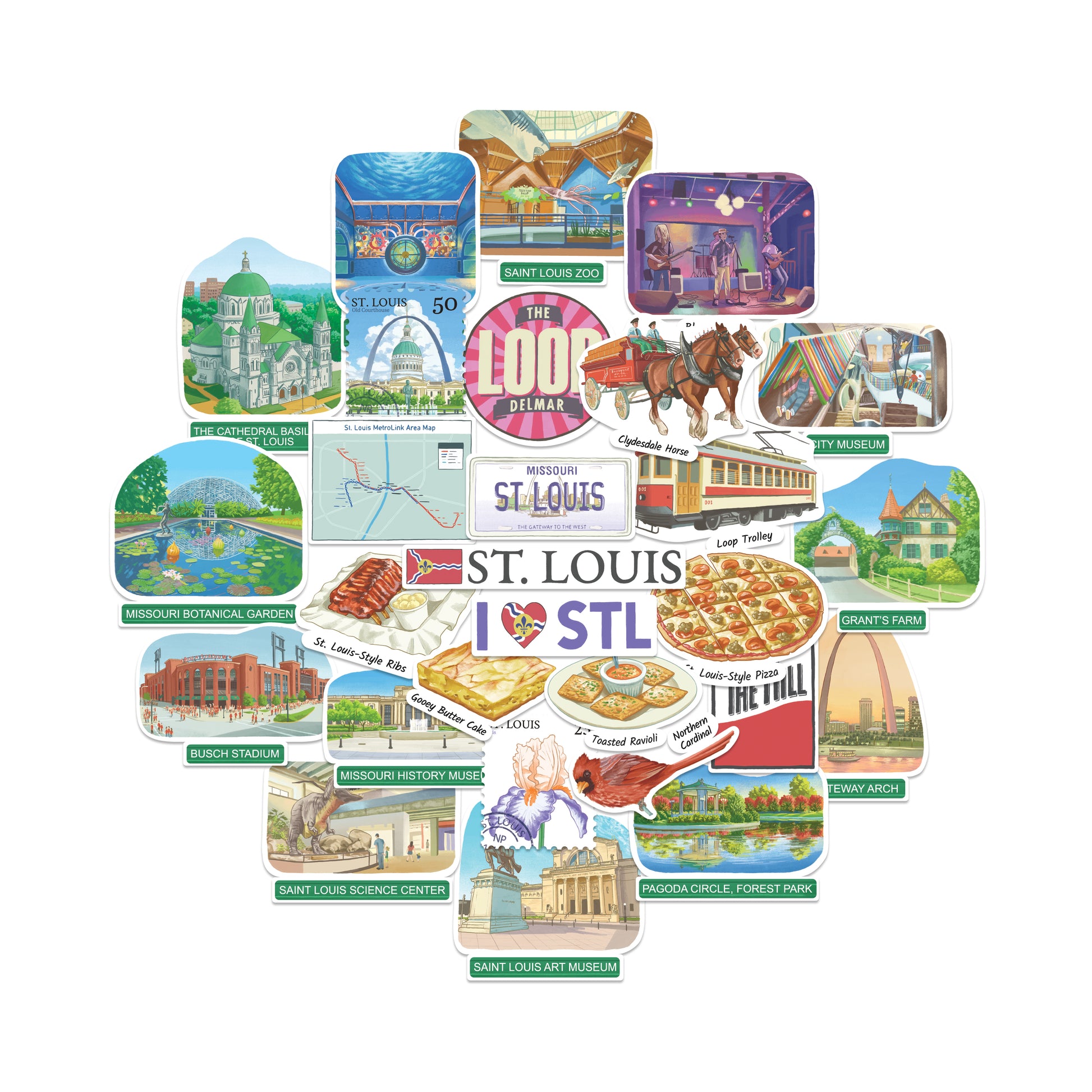Die-cut St. Louis stickers fanned in a pile: Gateway Arch, Busch Stadium, Clydesdale horses, an 'I love STL' badge.