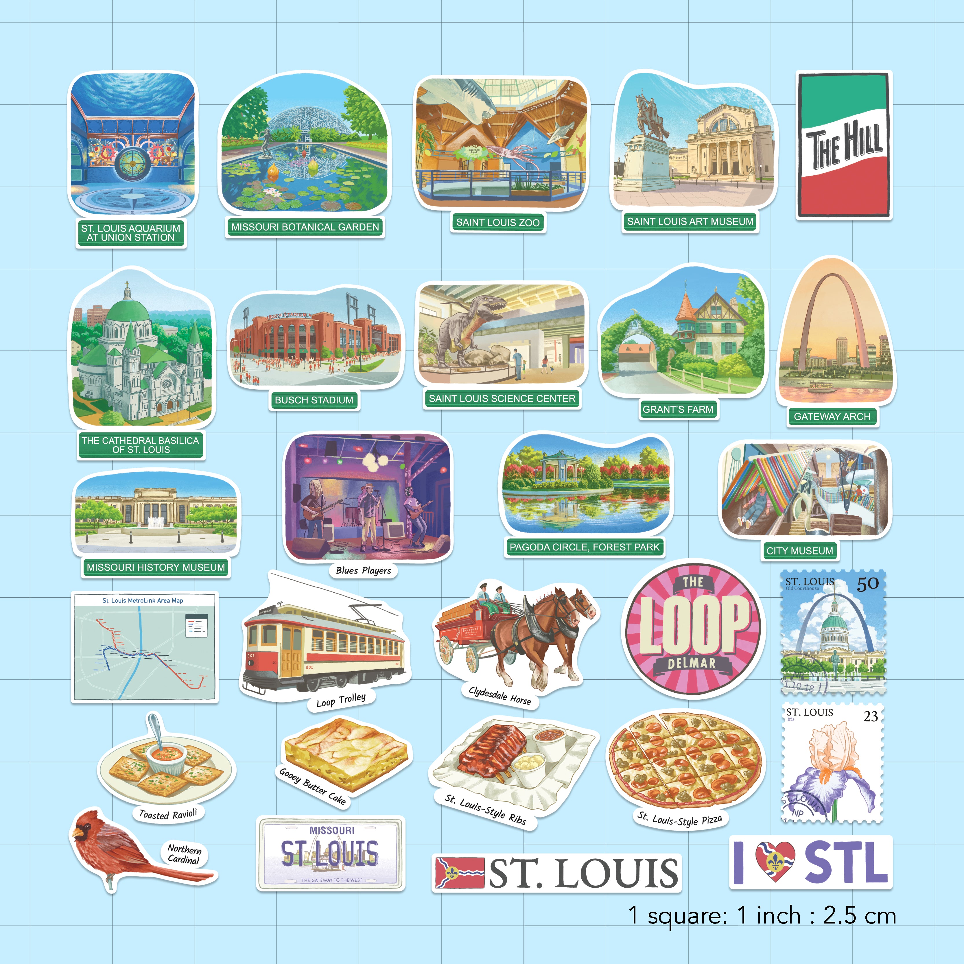 The whole St. Louis sticker set labelled on a one-inch grid, from Gateway Arch and Busch Stadium to toasted ravioli.