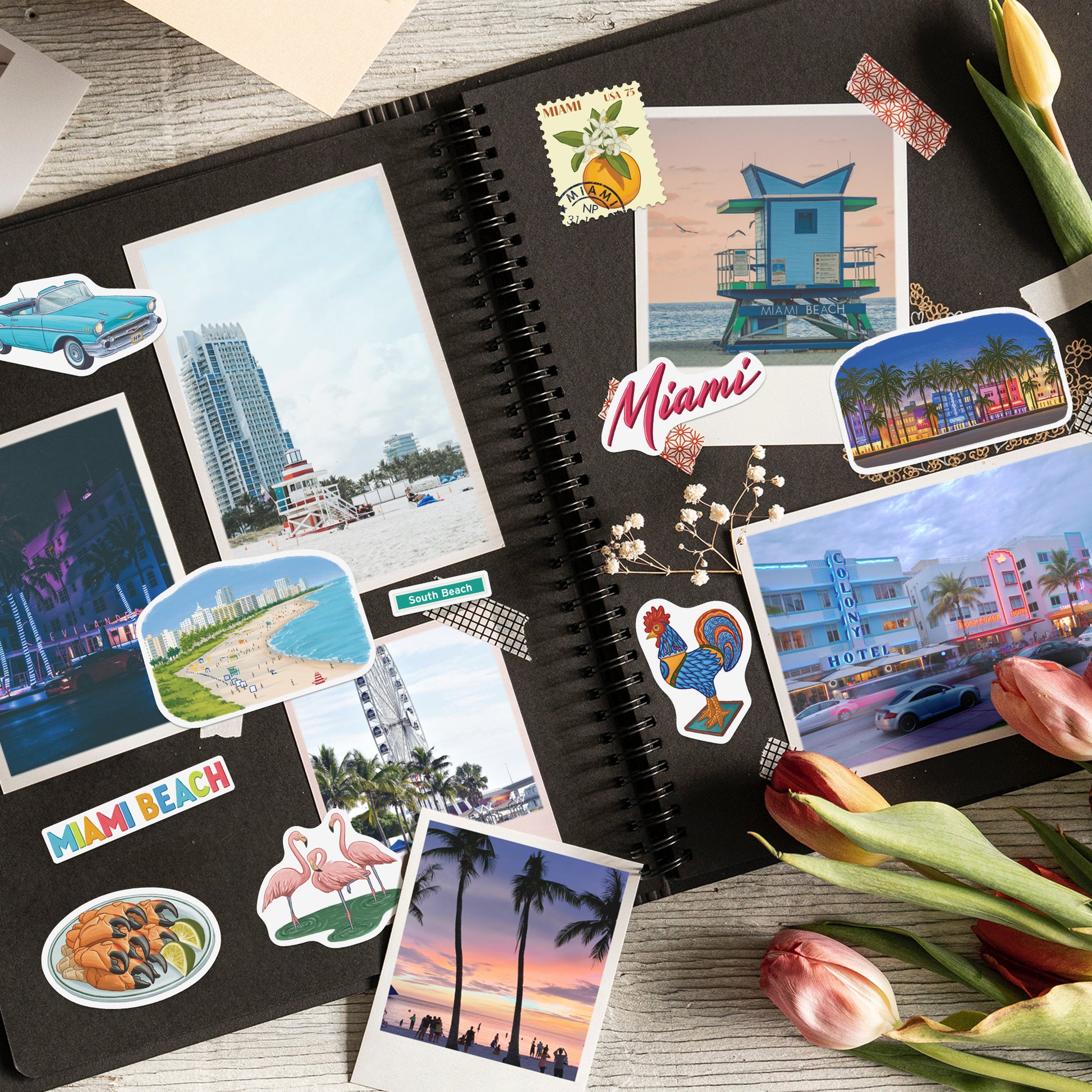 Miami wordmark, lifeguard tower, Art Deco District and flamingo stickers in a black photo album with photos