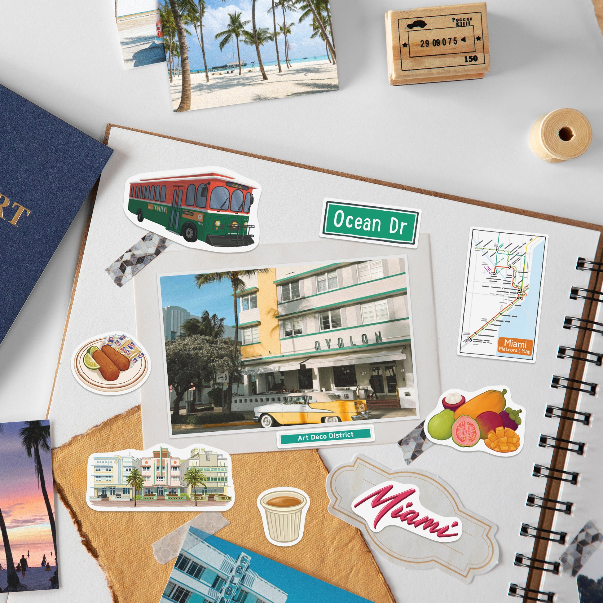 Trolley, Ocean Dr sign, Art Deco District and Miami wordmark stickers around a photo in a journal