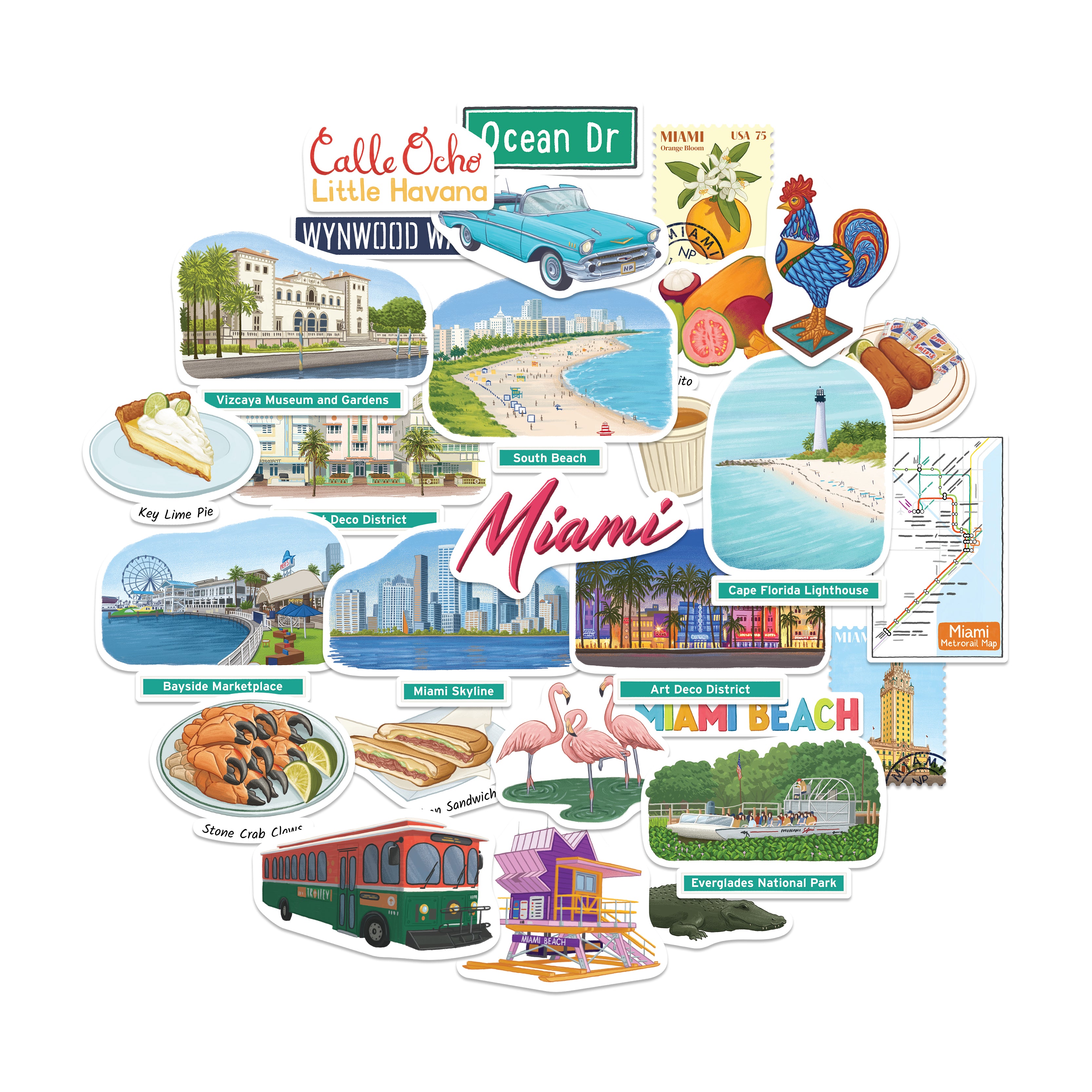 South Beach, Art Deco District, Vizcaya Museum, flamingo and stone crab claw stickers clustered on white