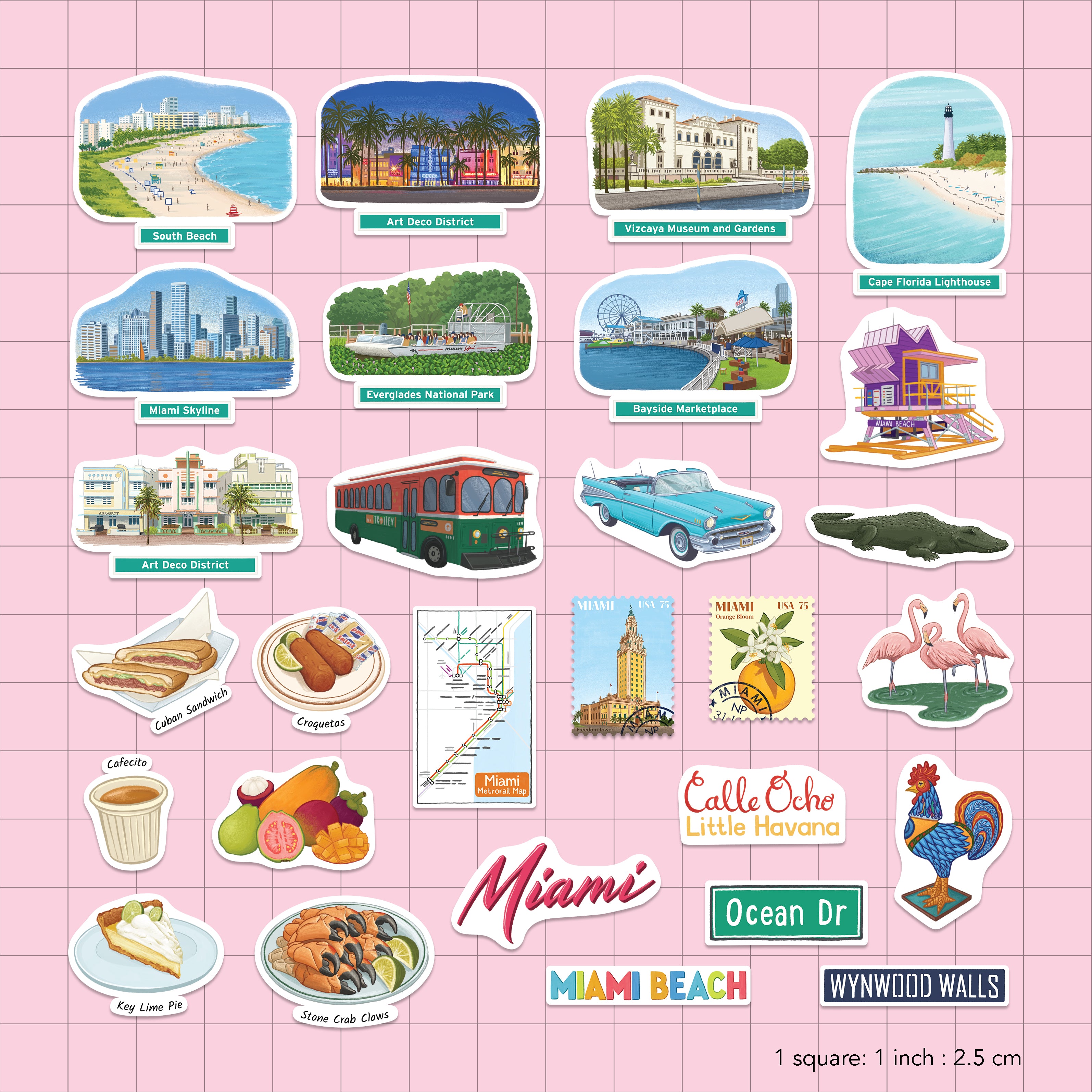 The uncut Miami sticker sheet on a pink grid, one inch per square, sizing skyline, trolley and key lime pie
