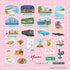 The uncut Miami sticker sheet on a pink grid, one inch per square, sizing skyline, trolley and key lime pie