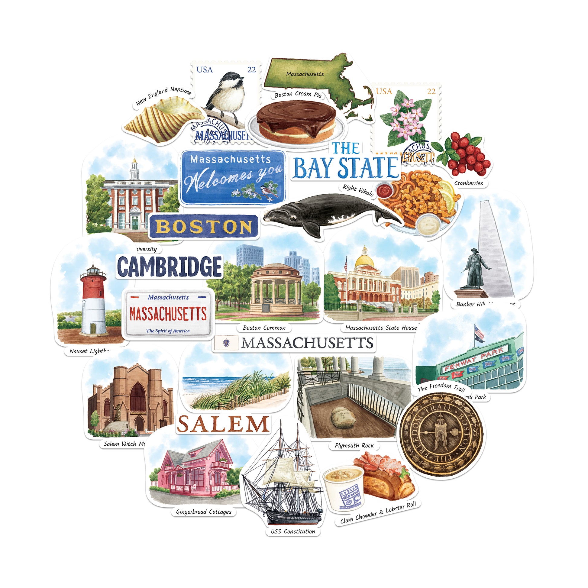 Memorable Massachusetts State Travel Stickers (28pcs)