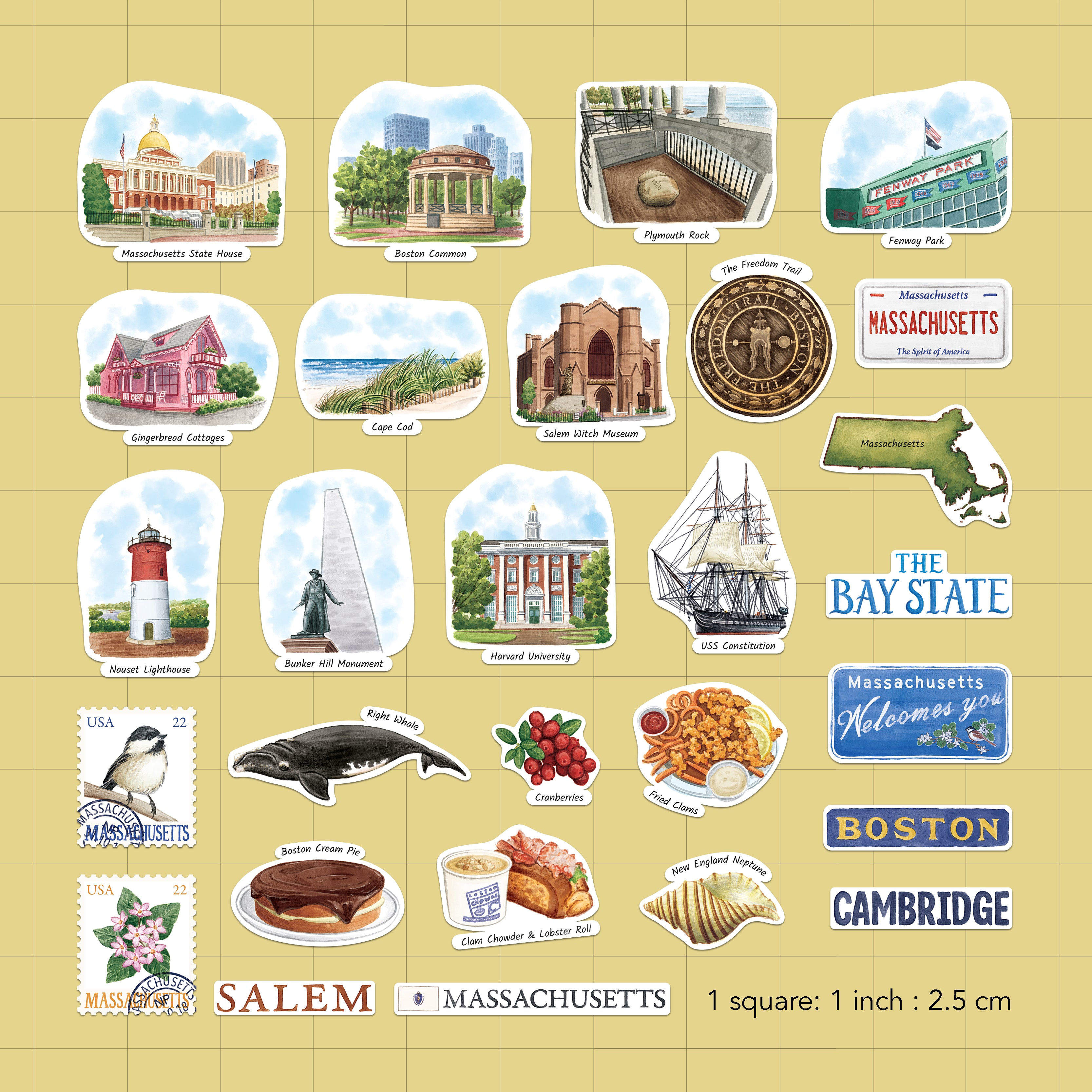 The full Massachusetts sticker set on a yellow one-inch grid: State House, Cape Cod, Harvard, fried clams