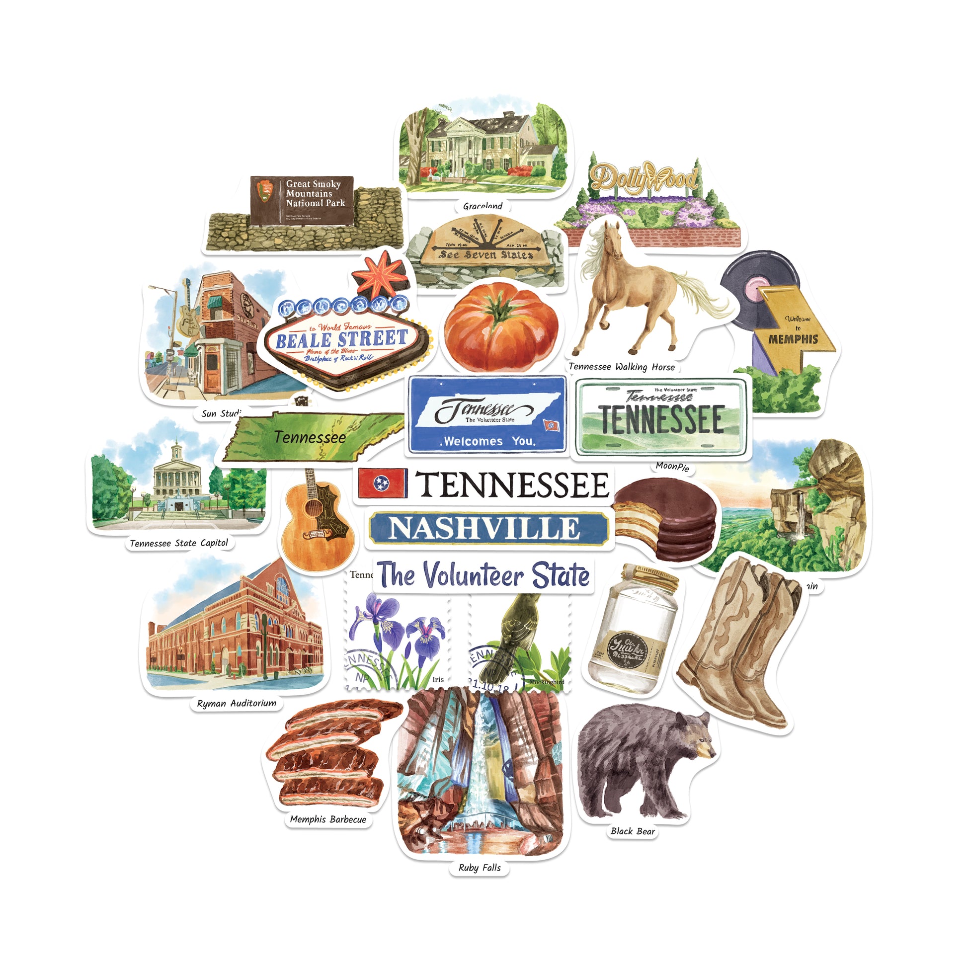 Timeless Tennessee State Travel Stickers (28pcs)