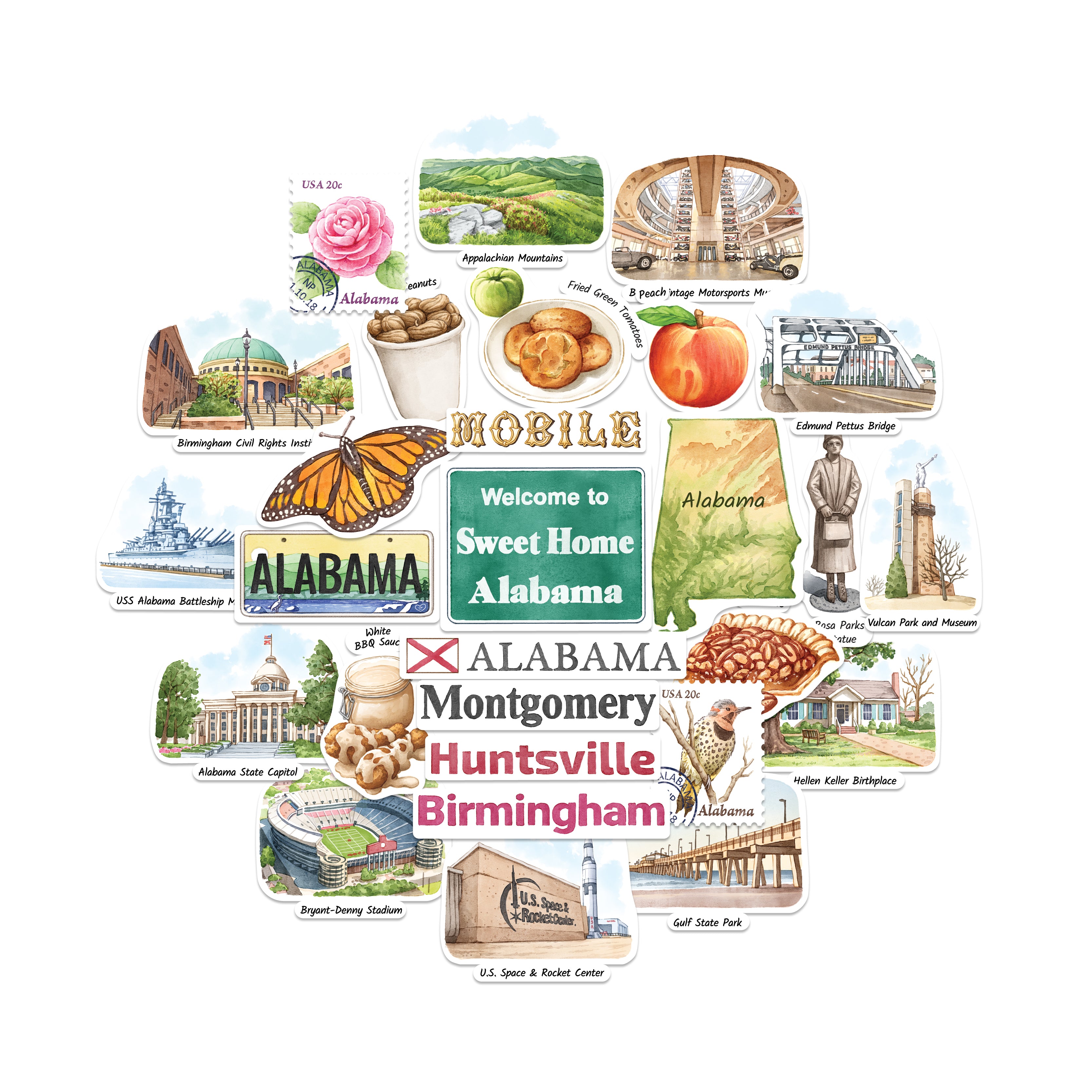 Alabama travel stickers fanned in a circle, including USS Alabama, a monarch butterfly, a peach and boiled peanuts