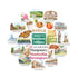 Alabama travel stickers fanned in a circle, including USS Alabama, a monarch butterfly, a peach and boiled peanuts