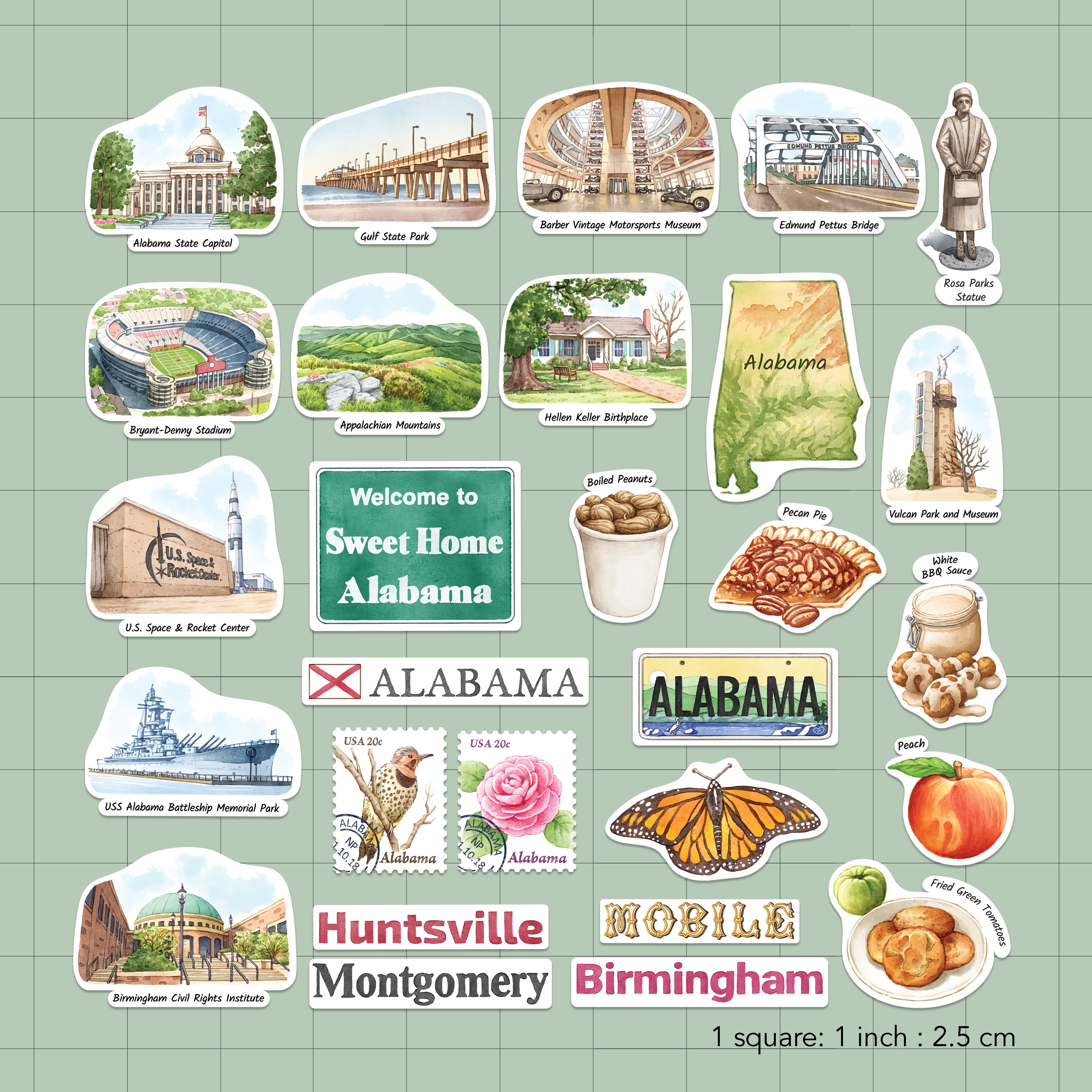 The full Alabama sticker set on a green grid, one square per inch, showing Bryant-Denny Stadium and pecan pie