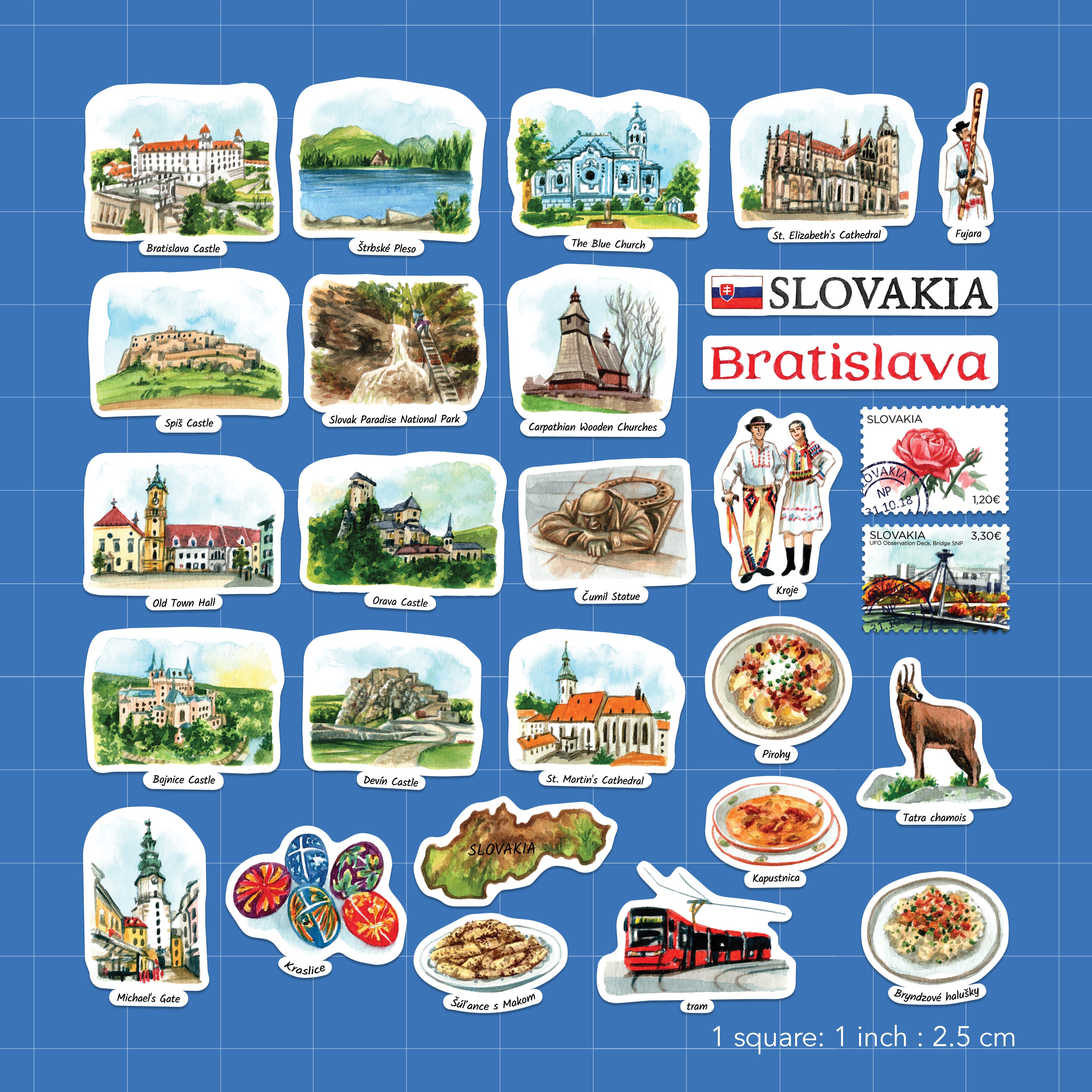 The uncut Slovakia sticker sheet on a blue grid backing, one inch per square, with Spiš Castle and pirohy
