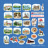 The uncut Slovakia sticker sheet on a blue grid backing, one inch per square, with Spiš Castle and pirohy