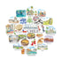 A circular collage of illustrated travel stickers or decals themed around Chile, featuring landmarks, food, people, landscapes, and the word 'CHILE' in the center, on a plain white background.