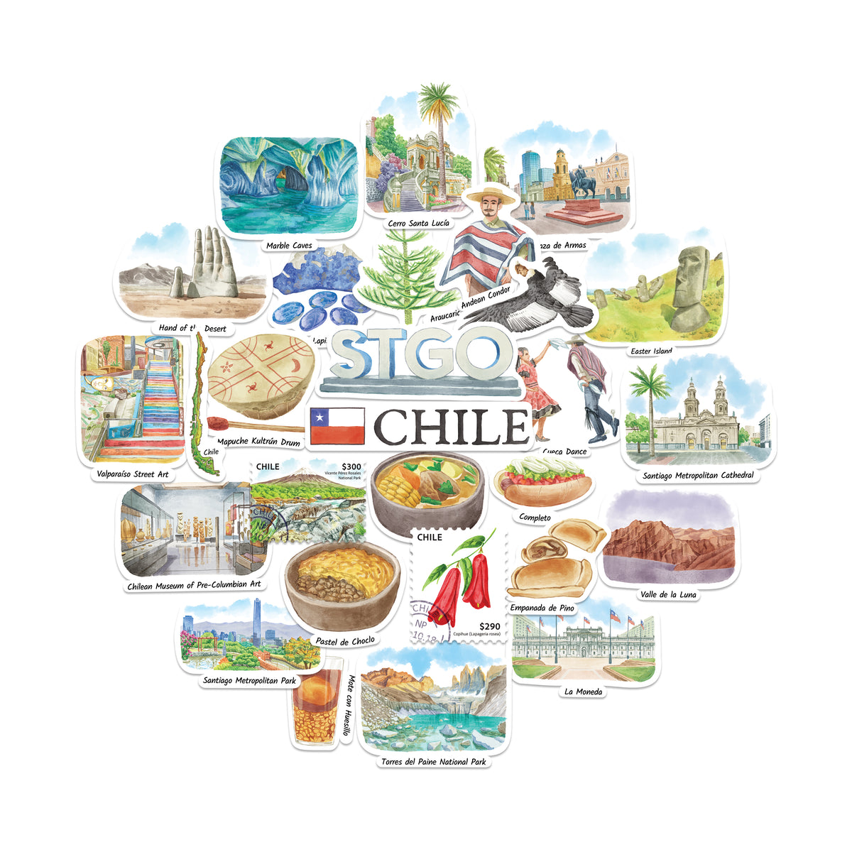 A circular collage of illustrated travel stickers or decals themed around Chile, featuring landmarks, food, people, landscapes, and the word 'CHILE' in the center, on a plain white background.
