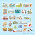 A sheet of Chile-themed sticker designs arranged on a light blue grid background, including illustrated landmarks, food, a flag, stamps, and a postage stamp, with text labels and a size note reading 1 square : 1 inch : 2.5 cm.