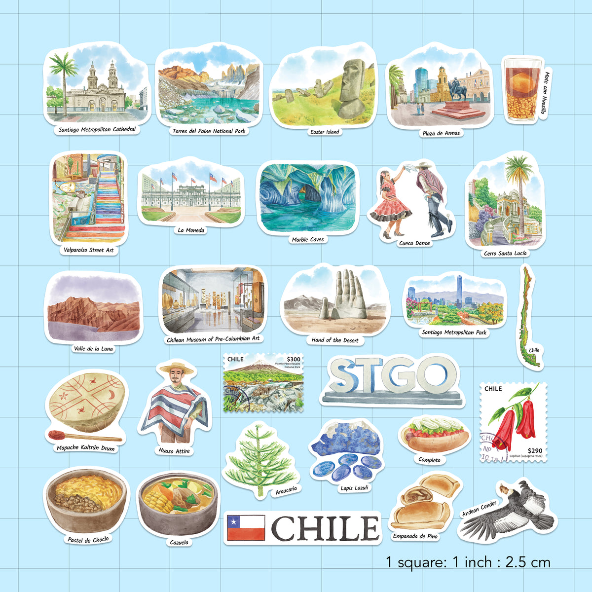 A sheet of Chile-themed sticker designs arranged on a light blue grid background, including illustrated landmarks, food, a flag, stamps, and a postage stamp, with text labels and a size note reading 1 square : 1 inch : 2.5 cm.