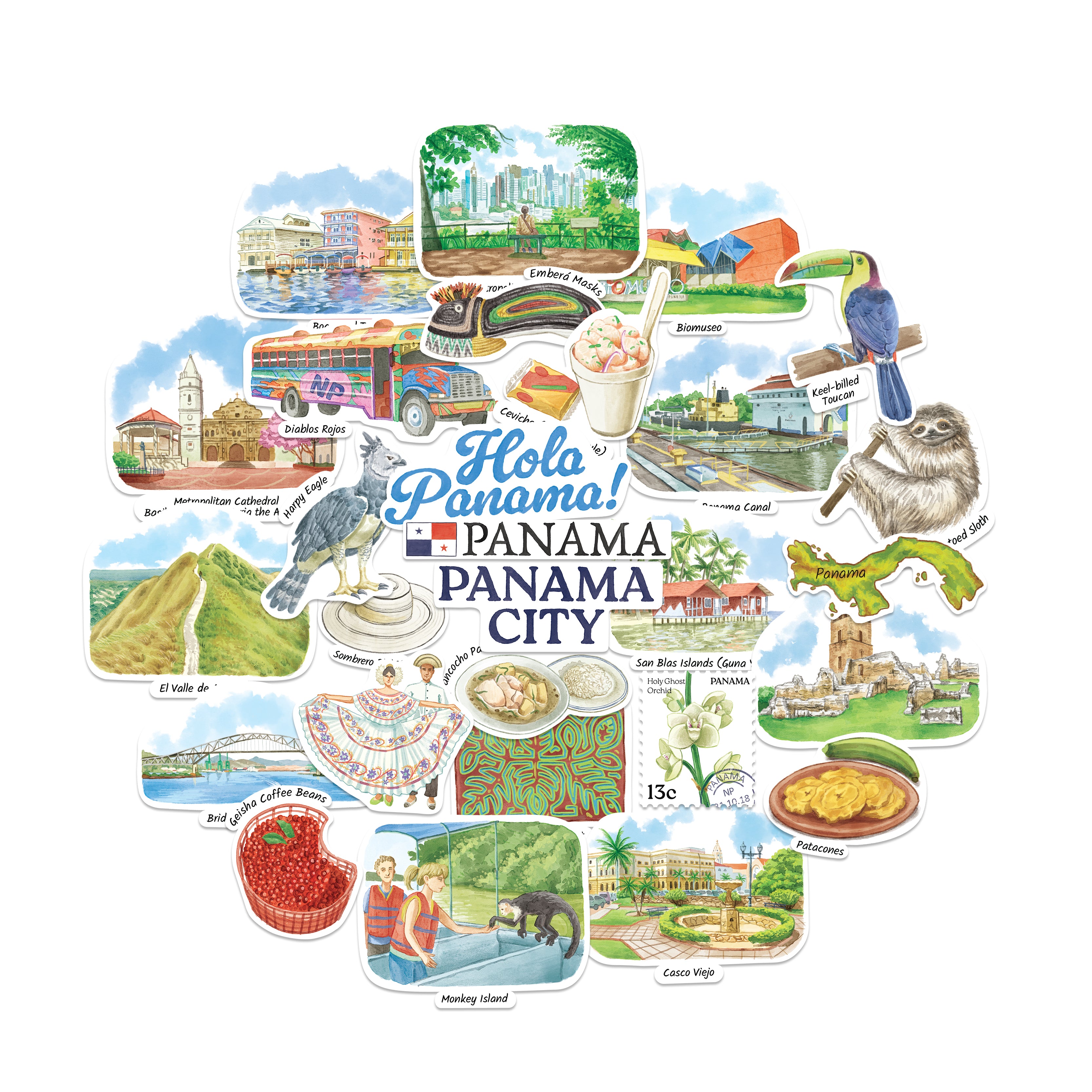 A circular collage of illustrated stickers or decals themed around Panama City, with the central texts 'Hola Panama!', 'PANAMA', 'PANAMA CITY' surrounded by small scenic and cultural drawings including a bus, sloth, toucan, mountains, food, and landmarks on a white background.