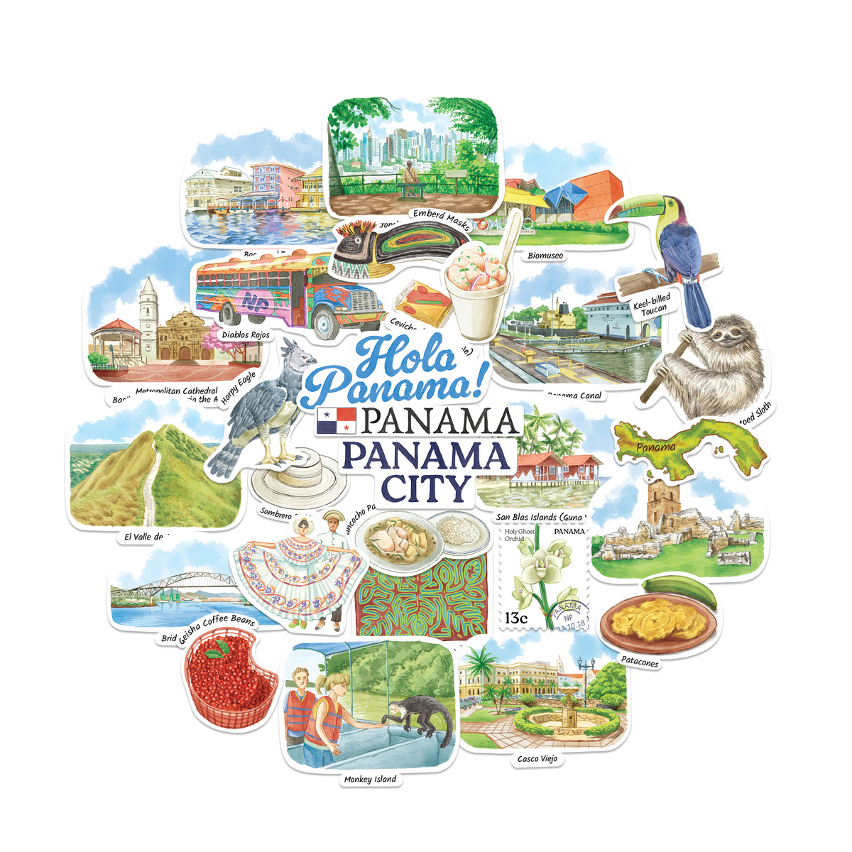 A circular collage of illustrated stickers or decals themed around Panama City, with the central texts 'Hola Panama!', 'PANAMA', 'PANAMA CITY' surrounded by small scenic and cultural drawings including a bus, sloth, toucan, mountains, food, and landmarks on a white background.
