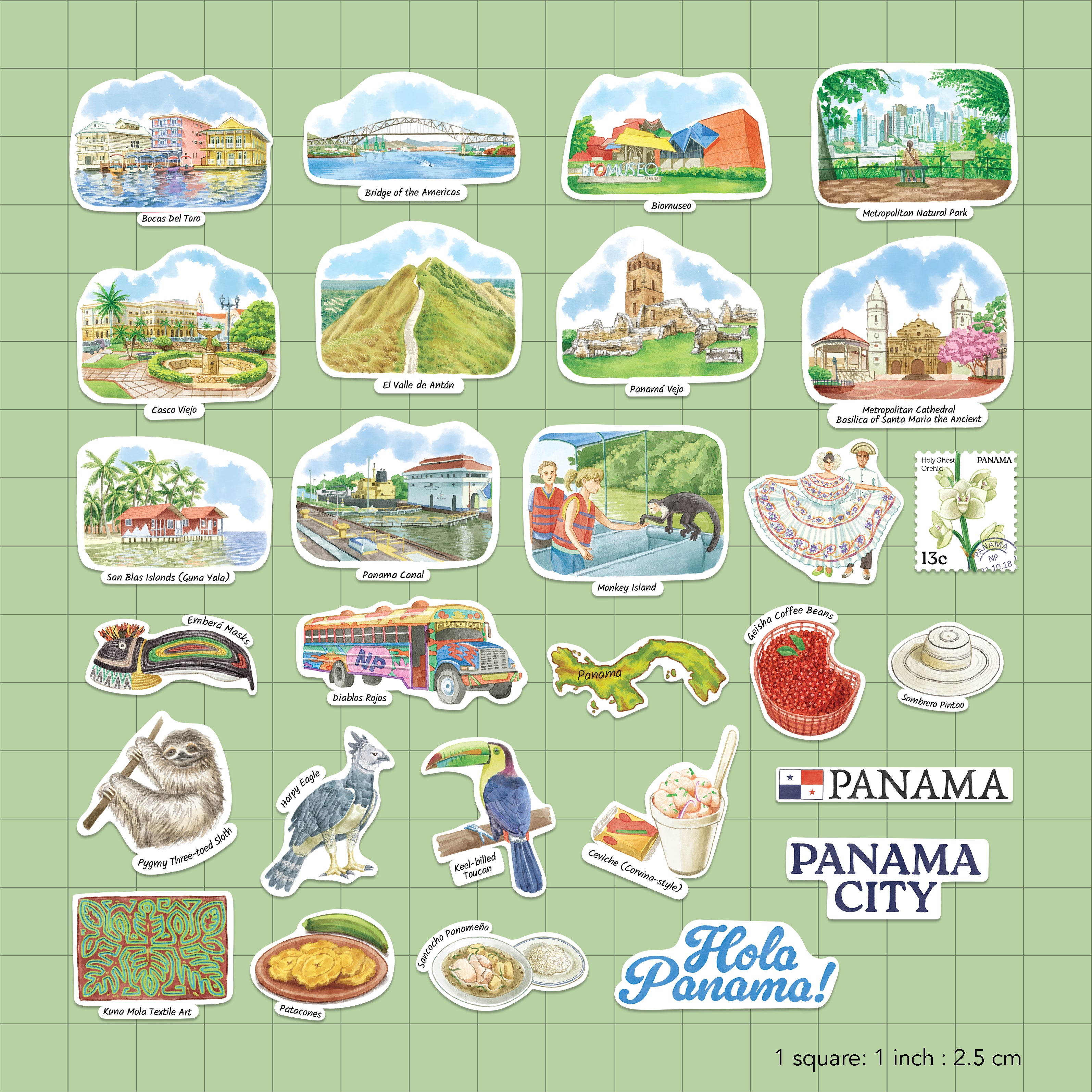 A sheet of colorful Panama-themed sticker designs arranged on a light green grid background, including landmarks, animals, food, and text such as 'Panama City' and 'Hola Panama!'.