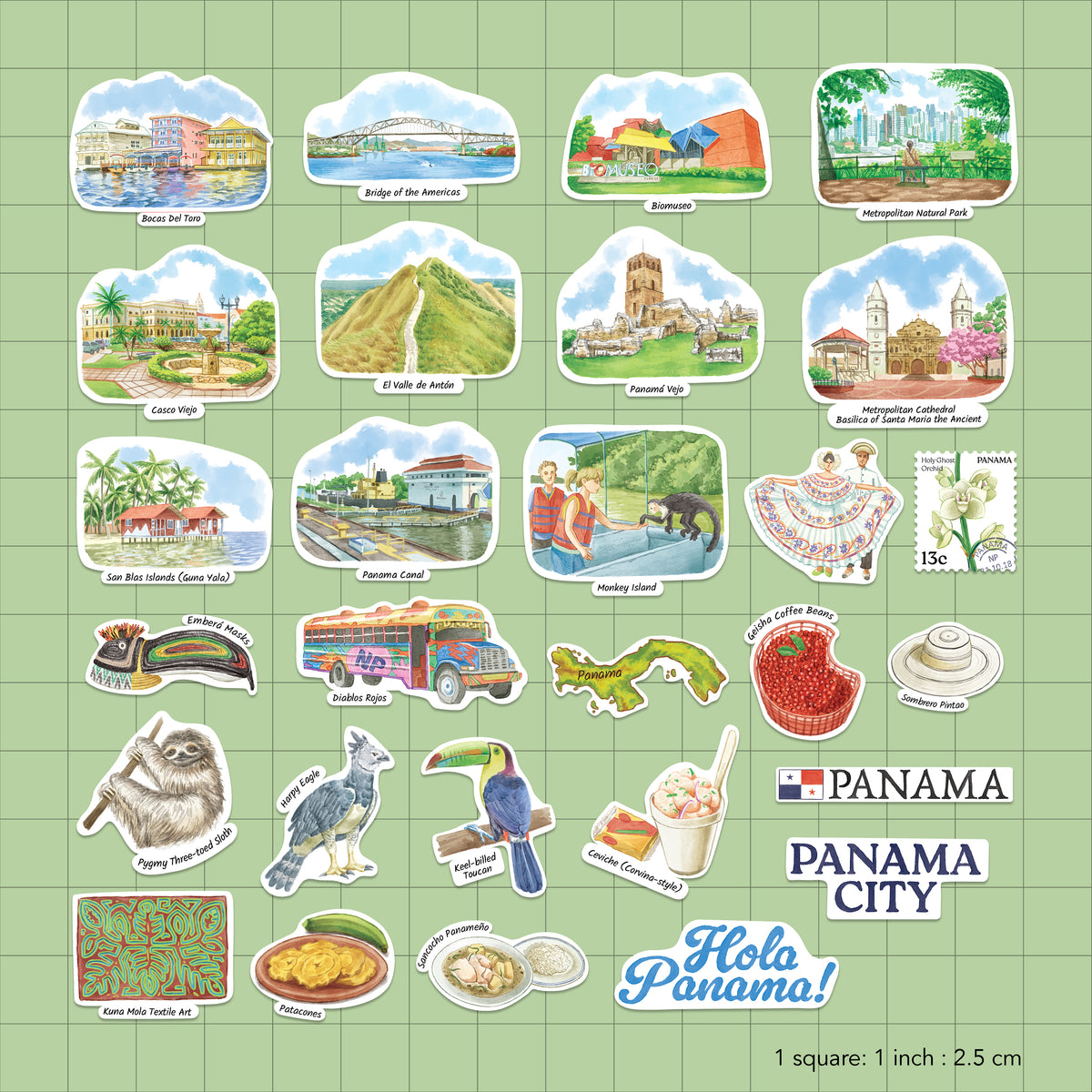 A sheet of colorful Panama-themed sticker designs arranged on a light green grid background, including landmarks, animals, food, and text such as 'Panama City' and 'Hola Panama!'.