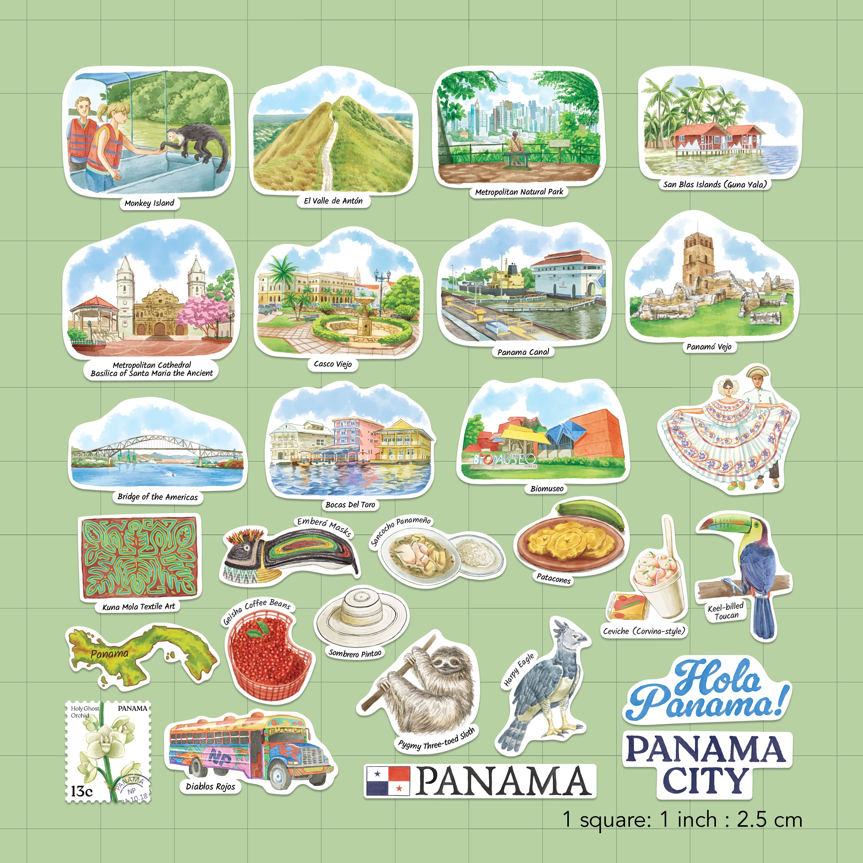 Uncut Panama sticker sheet on a green grid backing, one inch per square, showing each die-cut piece at true size