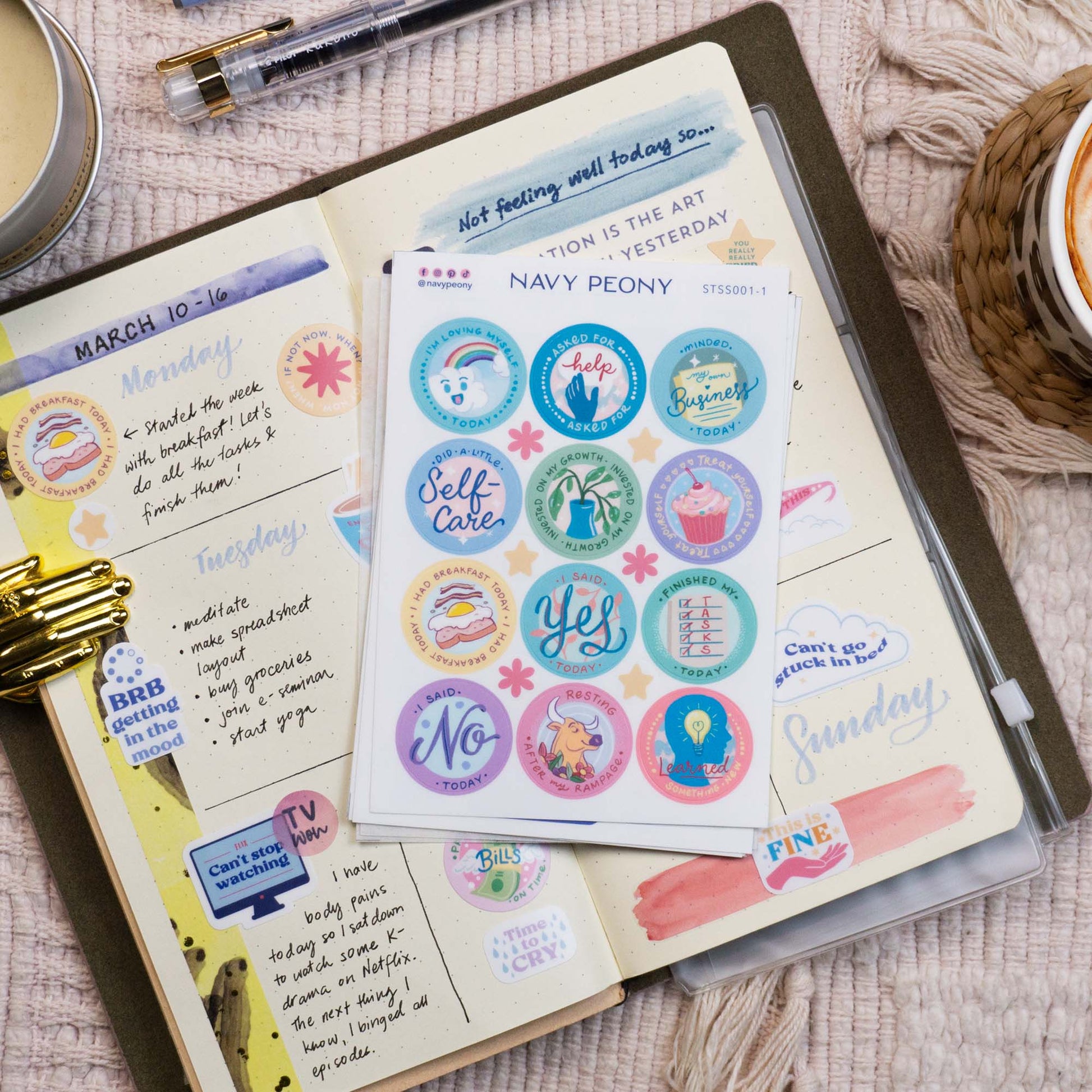 Not Today Self Care Sticker Sheets (8 Sheets, 175+ Stickers)