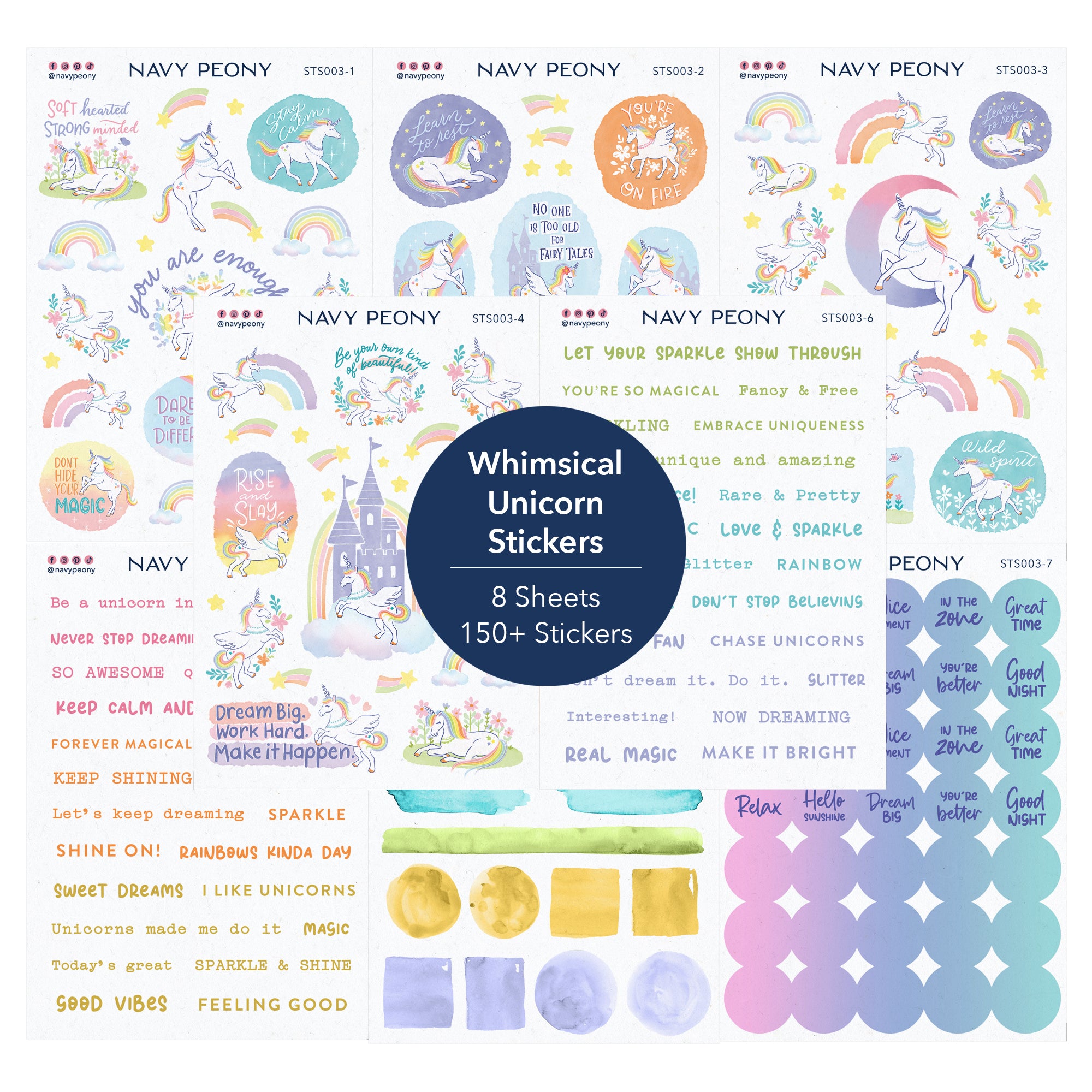 Whimsical Unicorn Self-Care Stickers Sheets (8 Sheets, 150+ Stickers) - A6 Size, Washi/Waterproof Paper Mix