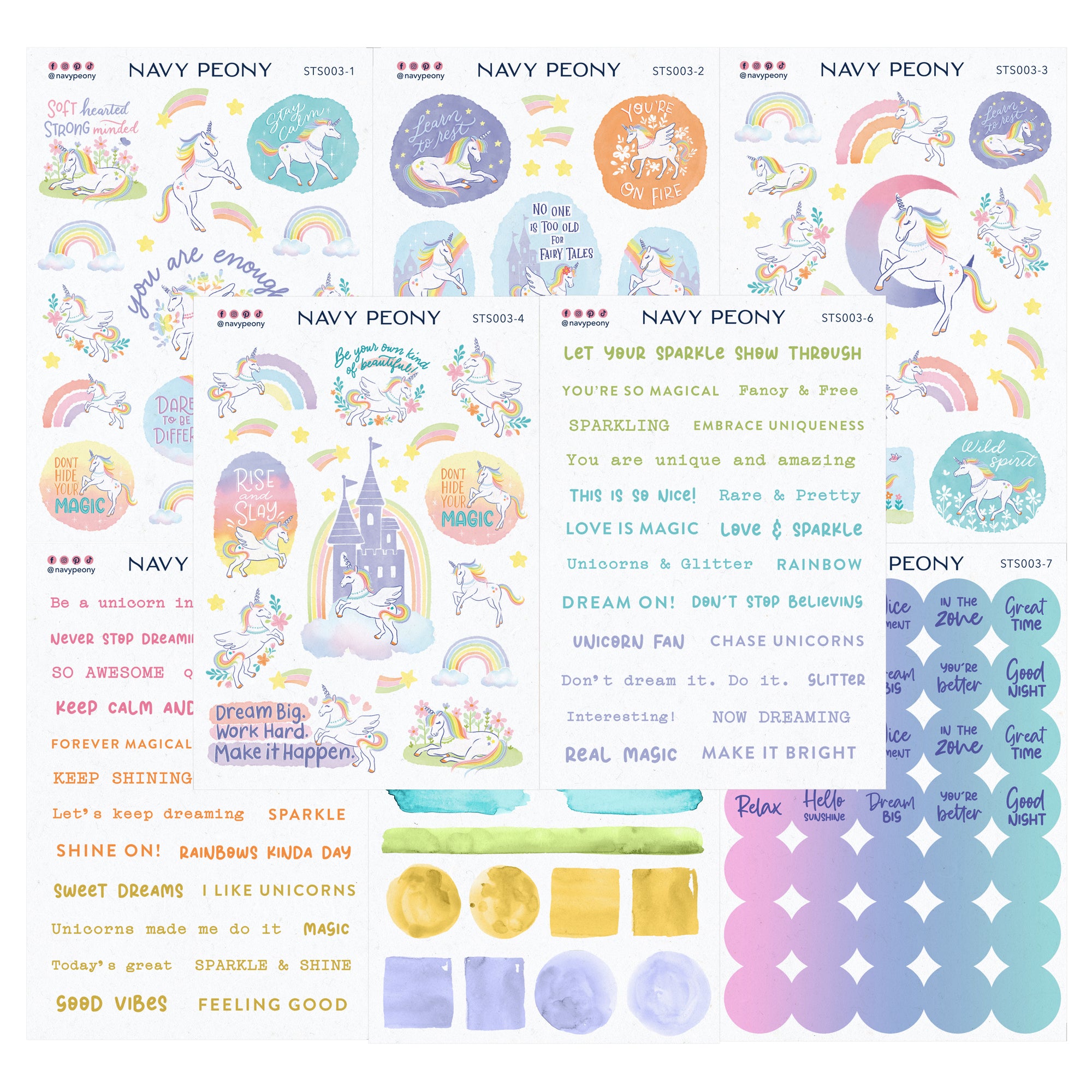 Whimsical Unicorn Self-Care Stickers Sheets (8 Sheets, 150+ Stickers) - A6 Size, Washi/Waterproof Paper Mix