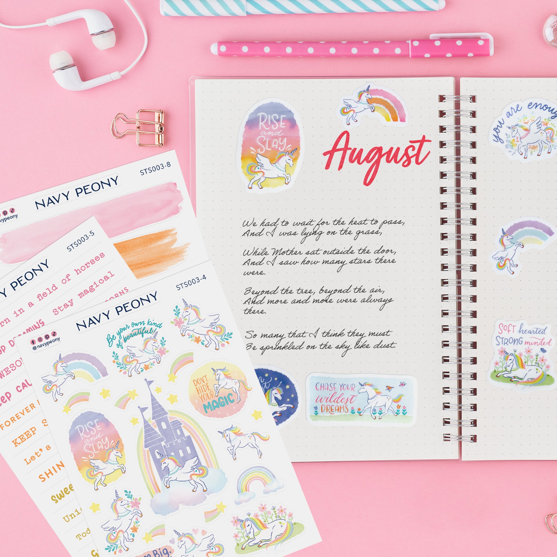 Whimsical Unicorn Self-Care Stickers Sheets (8 Sheets, 150+ Stickers) - A6 Size, Washi/Waterproof Paper Mix