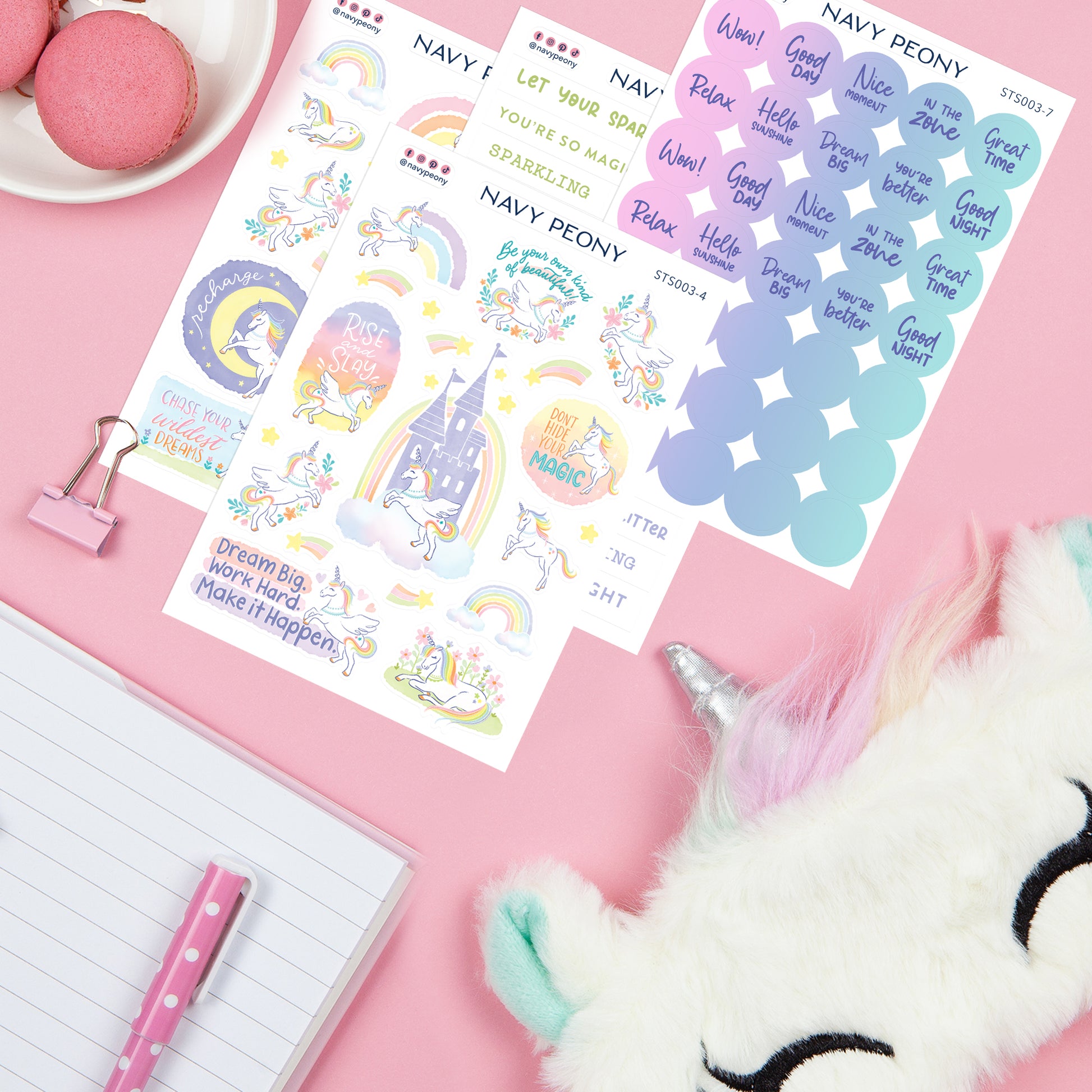 Whimsical Unicorn Self-Care Stickers Sheets (8 Sheets, 150+ Stickers) - A6 Size, Washi/Waterproof Paper Mix