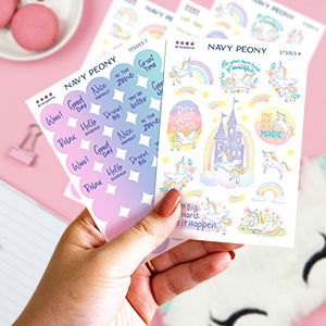 Whimsical Unicorn Self-Care Stickers Sheets (8 Sheets, 150+ Stickers) - A6 Size, Washi/Waterproof Paper Mix