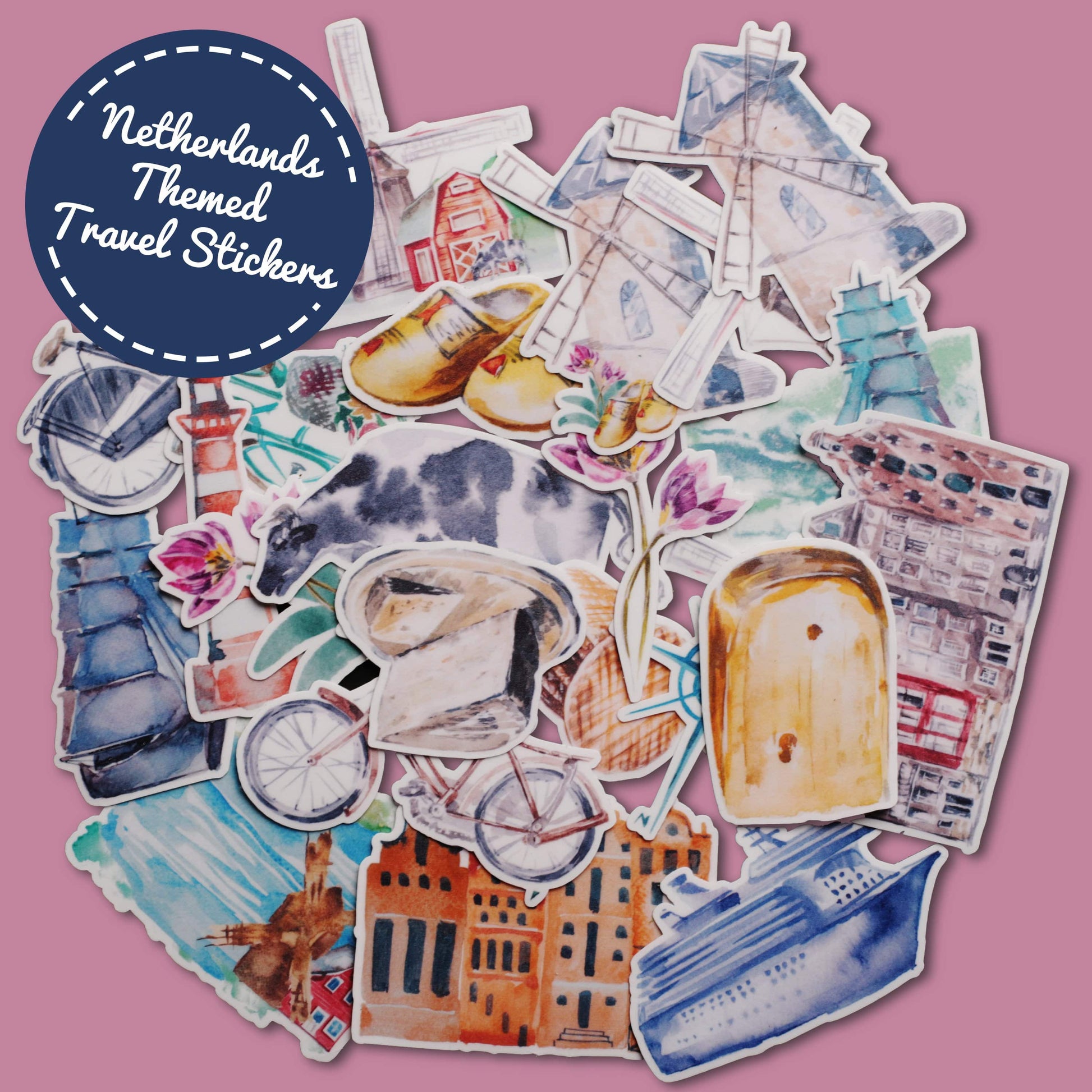 Navy Peony Blooming Netherlands Holland Travel Stickers (22 pcs) - Navy Peony